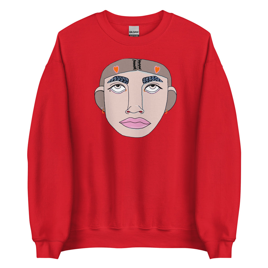 rode sweater met gezichtje door Maxime Thys