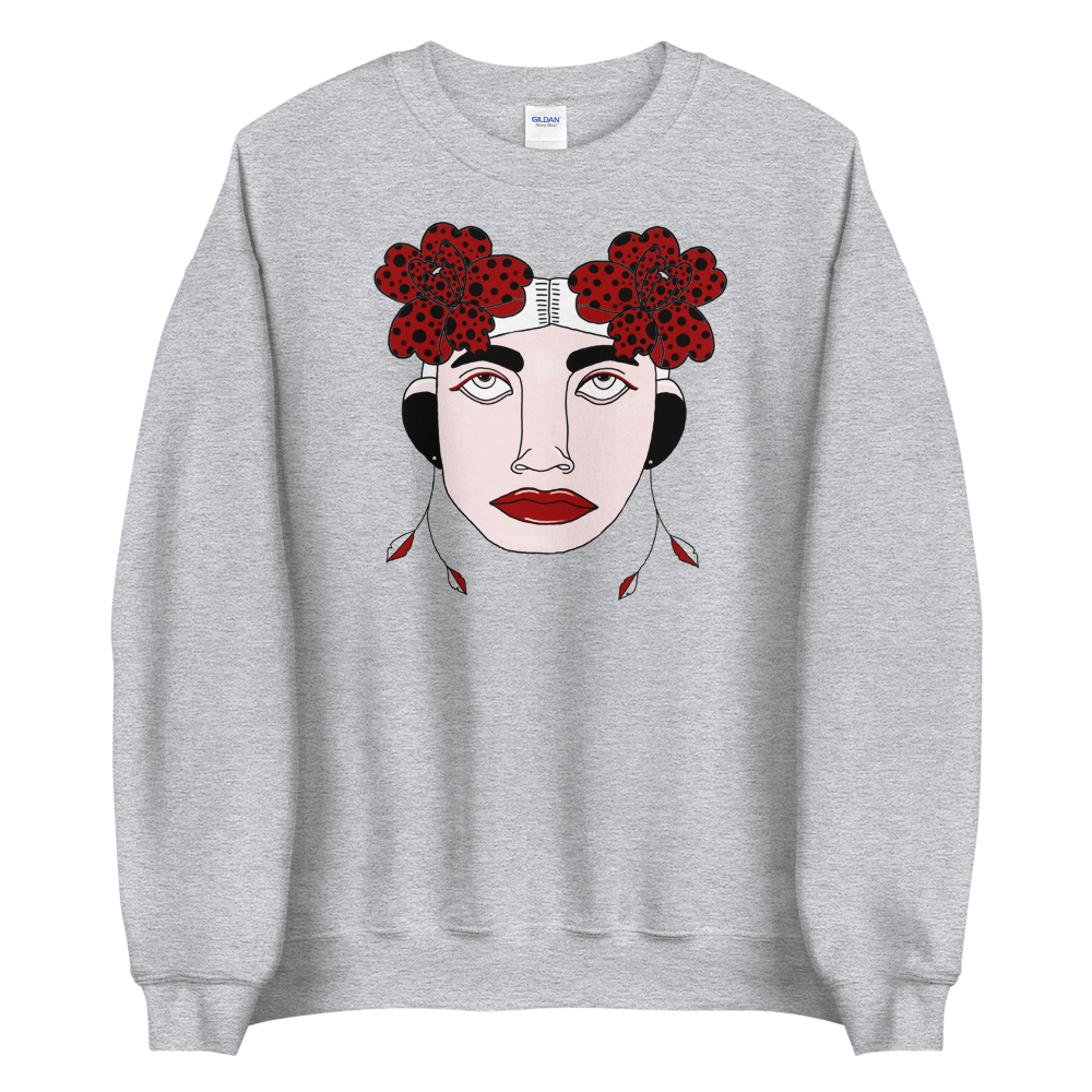 grijze sweatshirt met gezichtje en rode bloemen 