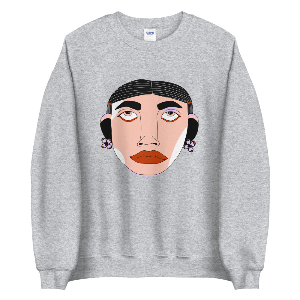 grijze sweatshirt met gezichtje door Maxime Thys