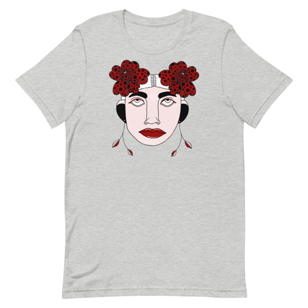 Grijze t-shirt met gezichtje en bloemen 