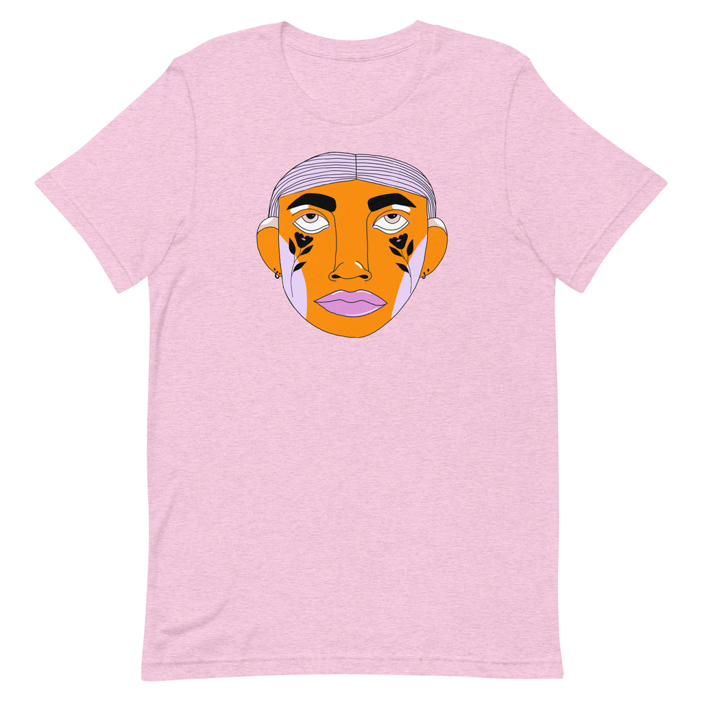 lila t-shirt met oranje gezichtje 