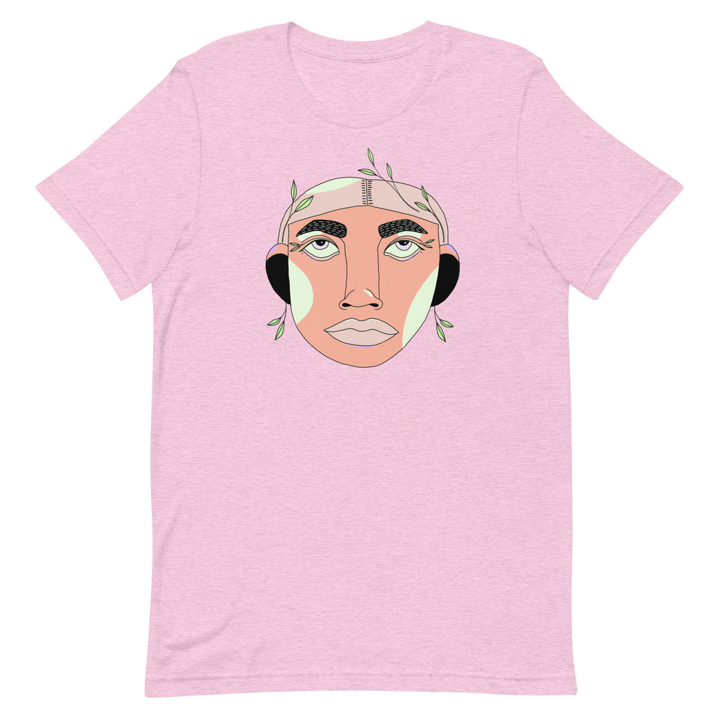 lila t-shirt met roze gezichtje  en blaadjes