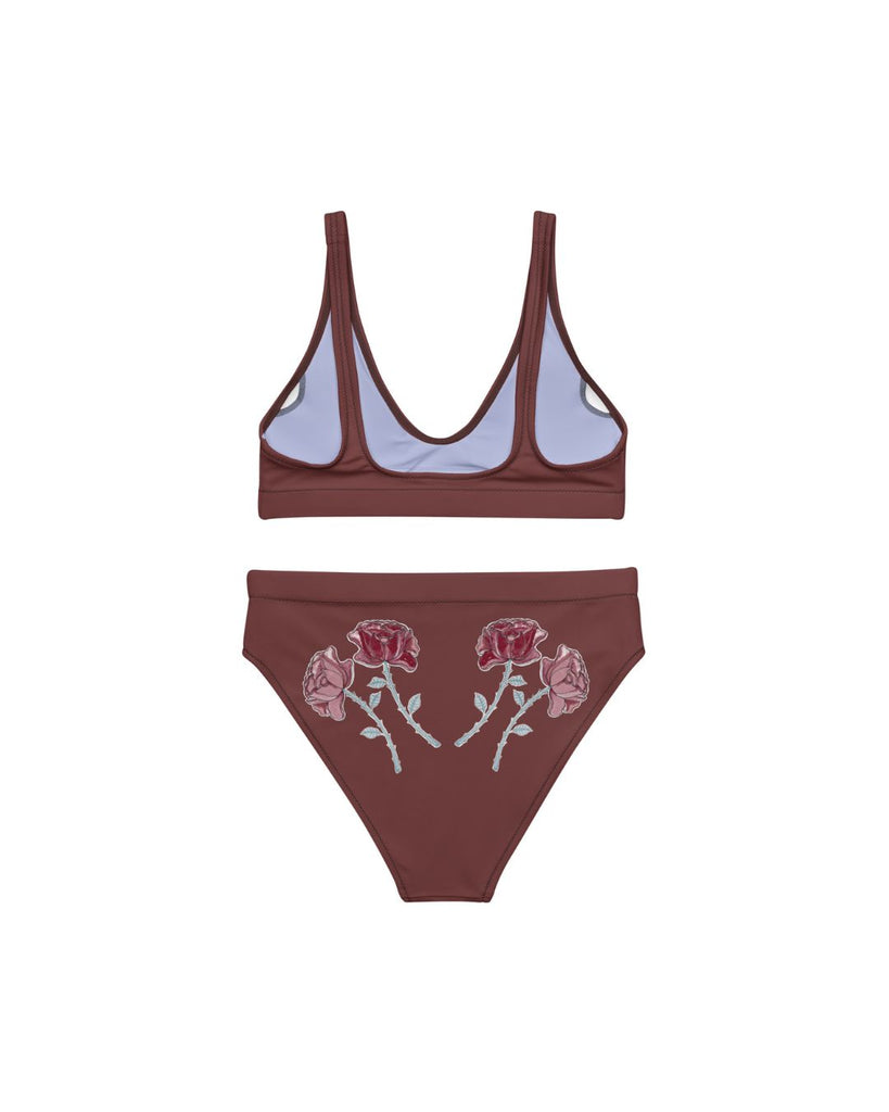 Unieke hoge taille bikini in bruin met illustratieve print van ganzen en bloemen – flatlay achterkant