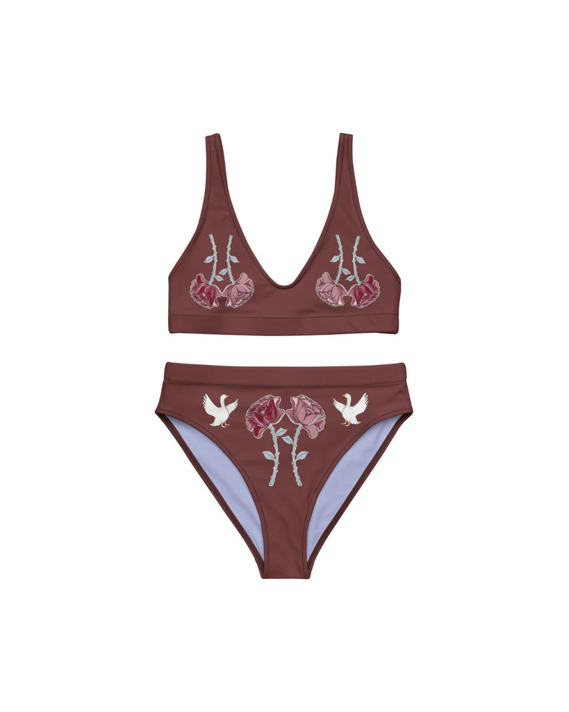 Unieke hoge taille bikini in bruin met illustratieve print van ganzen en bloemen – flatlay voorkant