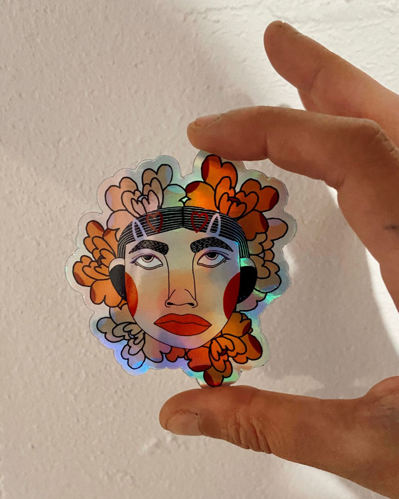 holografische sticker gezicht met bloemen