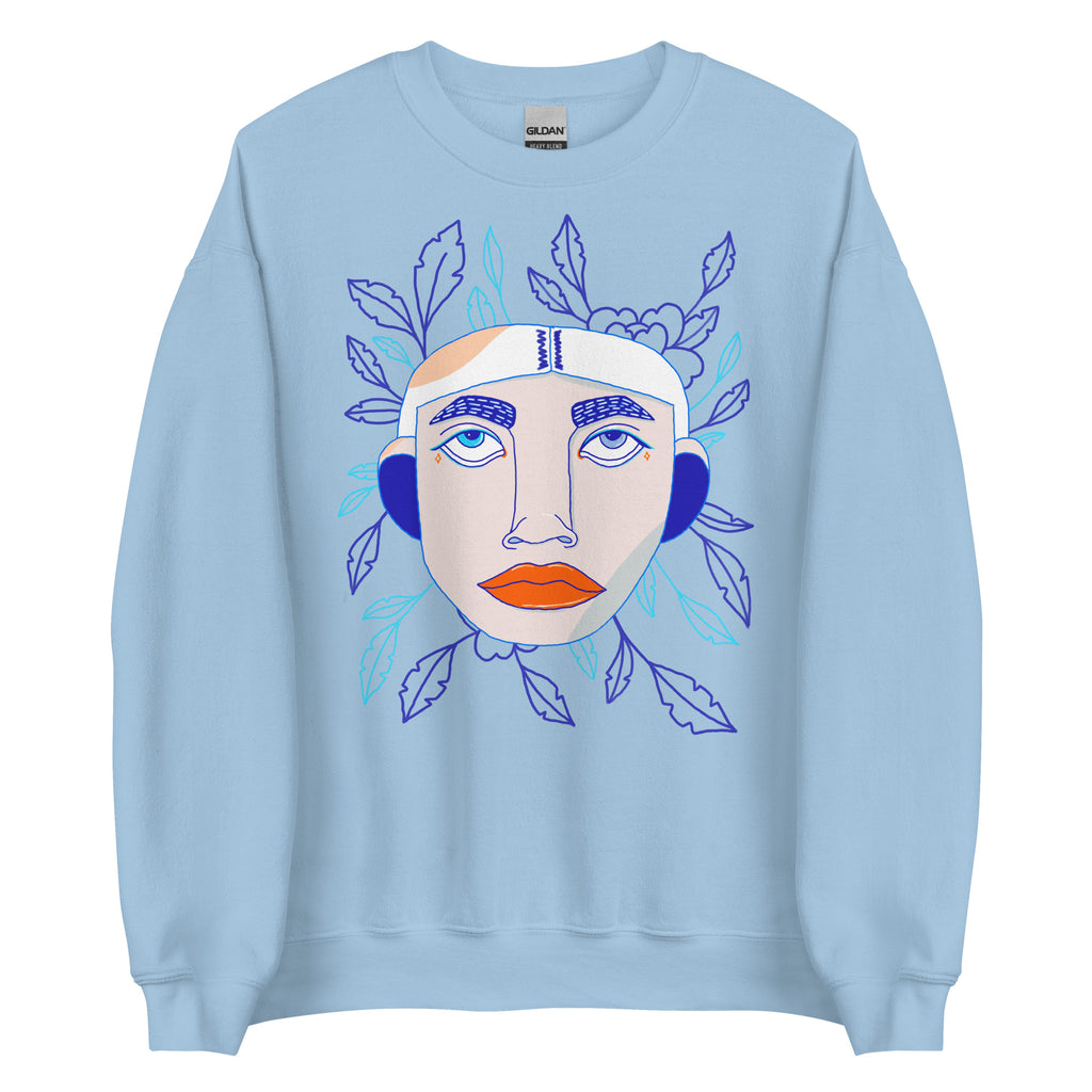 blauwe sweater met gezichtje en blaadjes