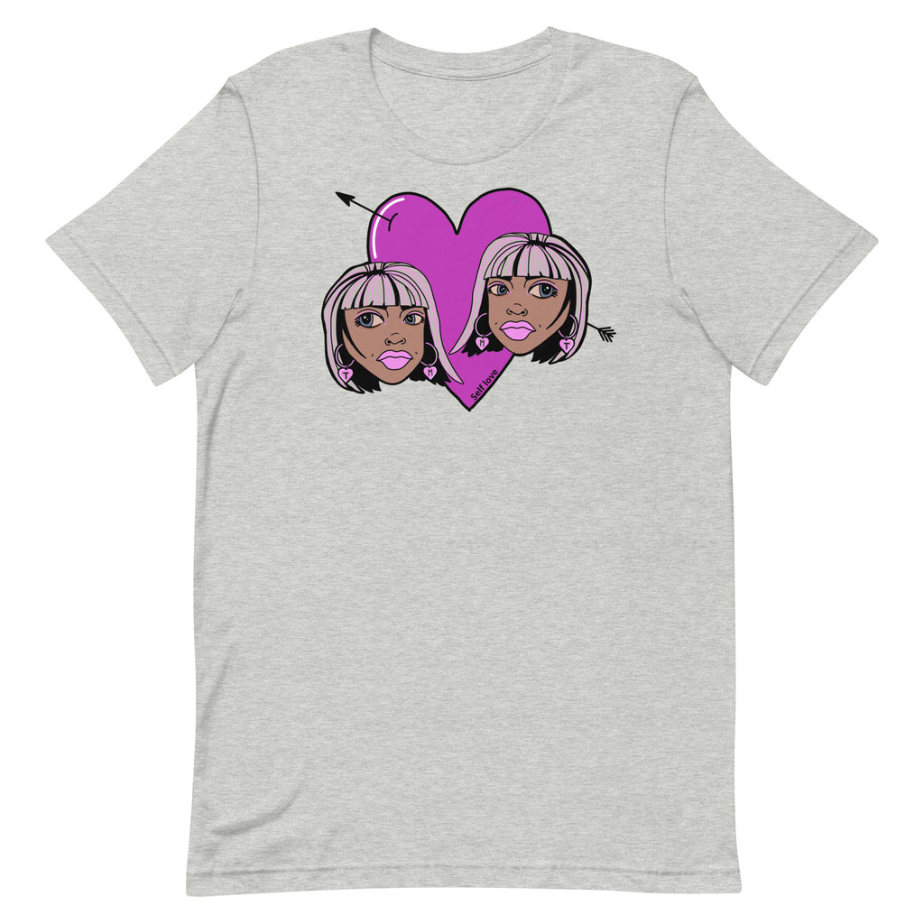 Comfy grijze t-shirt met 'self love' print. Meisjes met roze hart
