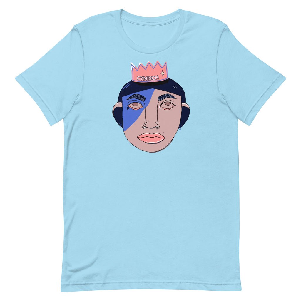 blauwe t-shirt met gezichtje met kroon