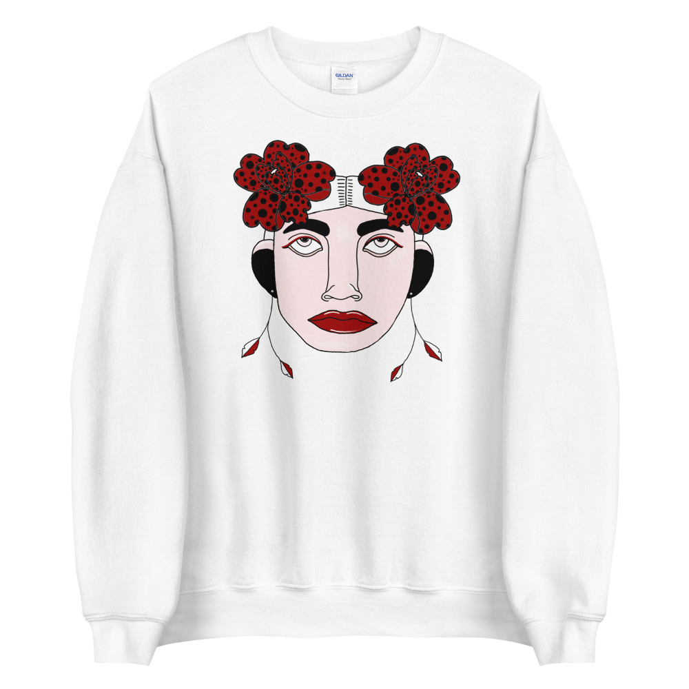 witte sweatshirt met gezichtje en rode bloemen 