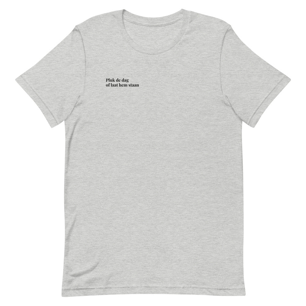 grijze t-shirt met quote 'pluk de dag of laat hem staan'
