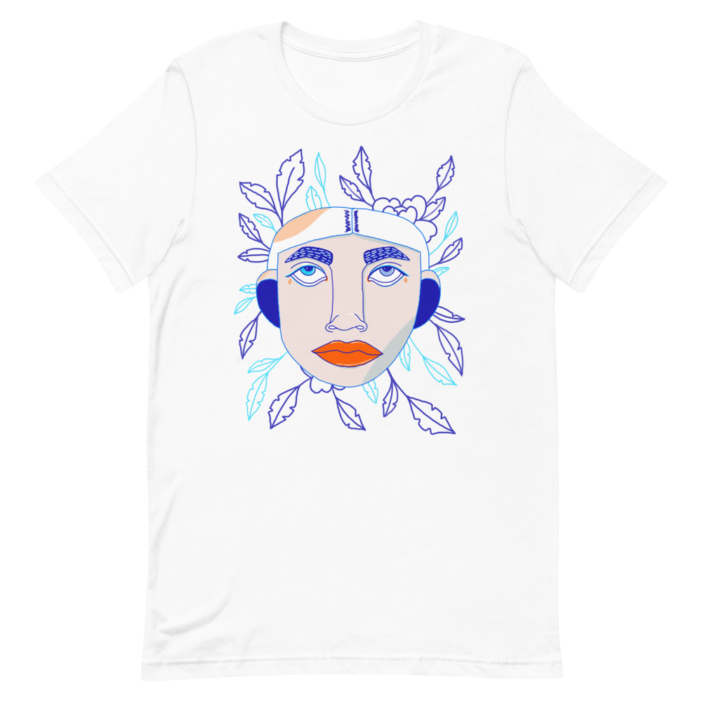 witte t-shirt met gezichtje  en blaadjes