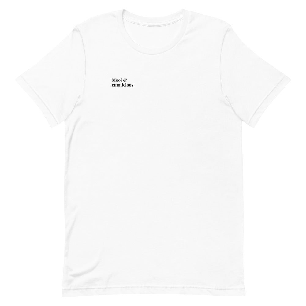 witte t-shirt met quote 'mooi & emotieloos'