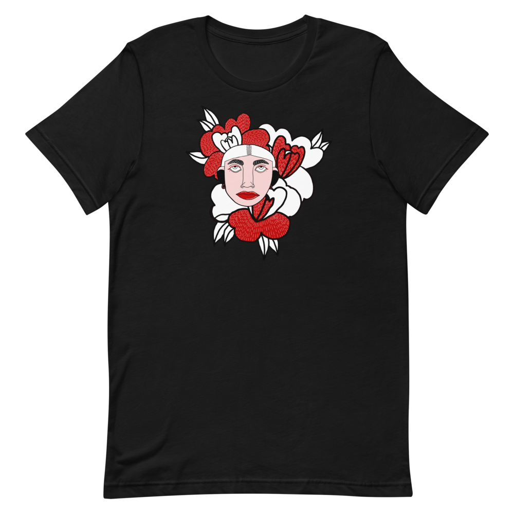 Zwarte t-shirt met gezichtje en bloemen 